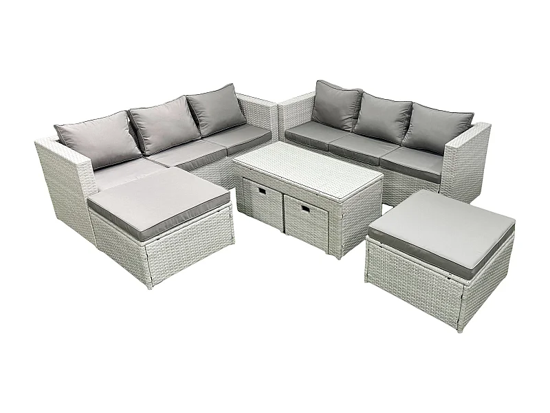 Salon de Jardin Ensemble Ensemble de canapés en rotin avec Table basse 4 Tabourets Gris clair mixte 10 places
