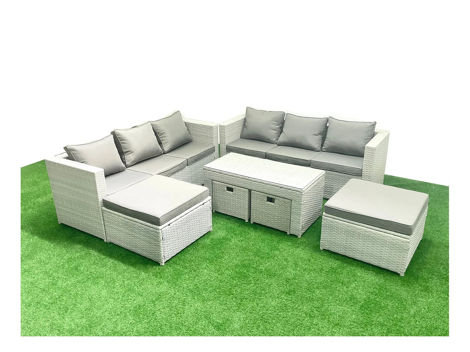 Salon de Jardin Ensemble Ensemble de canapés en rotin avec Table basse 4 Tabourets Gris clair mixte 10 places