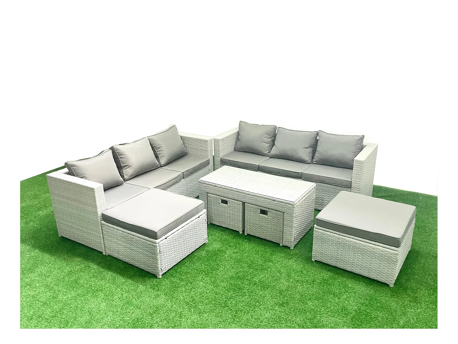 Salon de Jardin Ensemble Ensemble de canapés en rotin avec Table basse 4 Tabourets Gris clair mixte 10 places