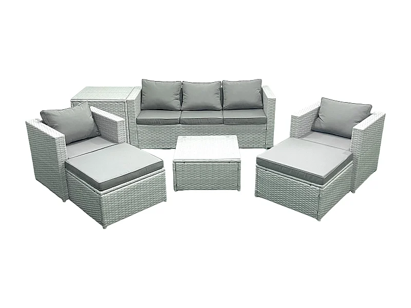 7 places Salon de jardin avec Canapé 3 places 2 Chaise Table basse carrée 2 Grand tabourets Table d'appoint Gris clair mixte