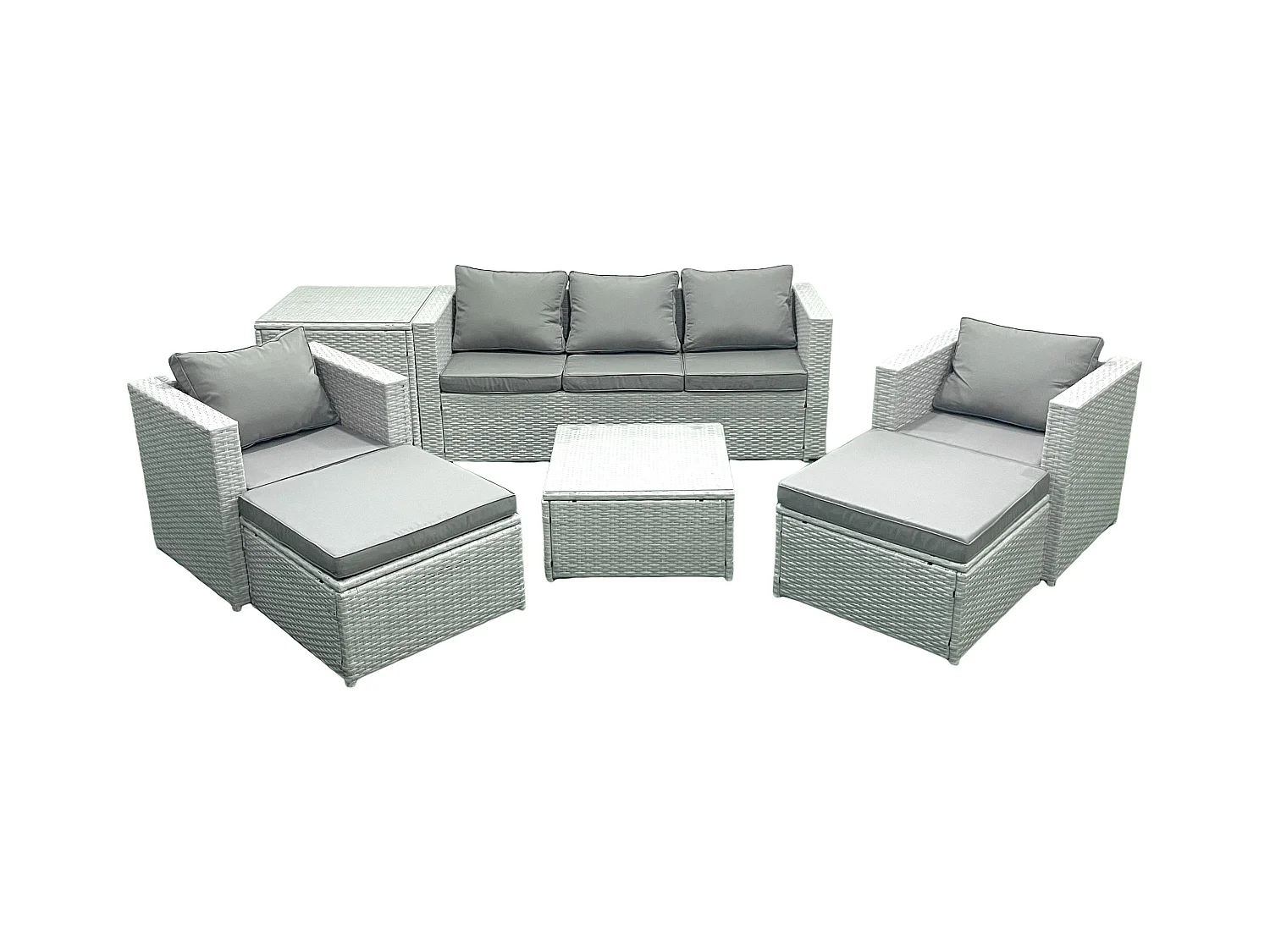 7-Sitzer Polyrattan Gartenmöbel Set mit 3-Sitzer Sofa 2 Sesseln Quadratischer Couchtisch 2 hohen Hockern Beistelltisch Hellgrau gemischt