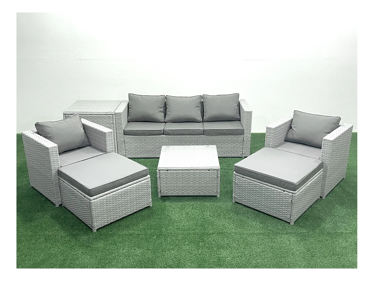 7-Sitzer Polyrattan Gartenmöbel Set mit 3-Sitzer Sofa 2 Sesseln Quadratischer Couchtisch 2 hohen Hockern Beistelltisch Hellgrau gemischt