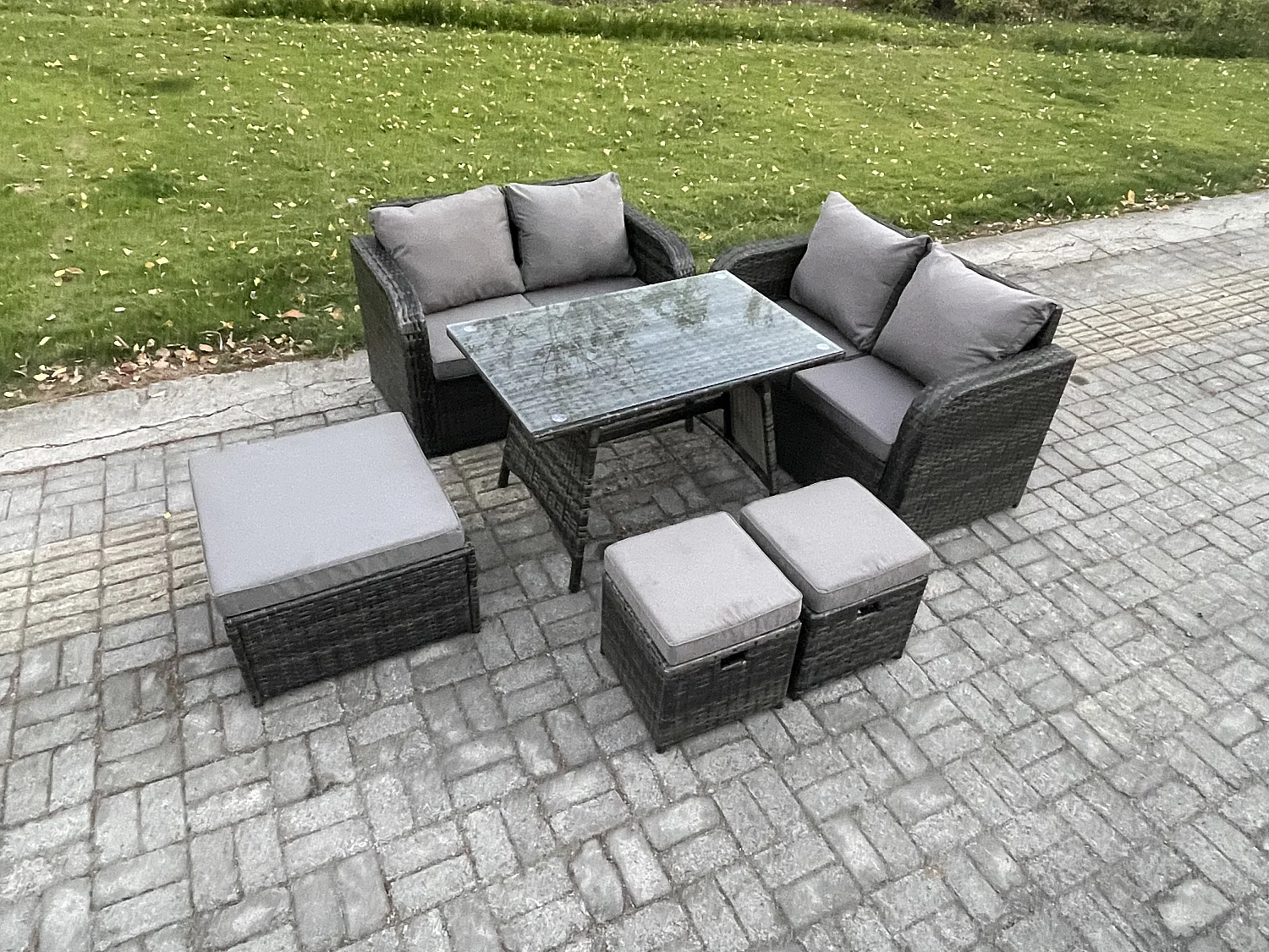 Ensemble de meubles de jardin en polyrotin 6 Pièces avec 3 Tabourets Gris foncé mixte