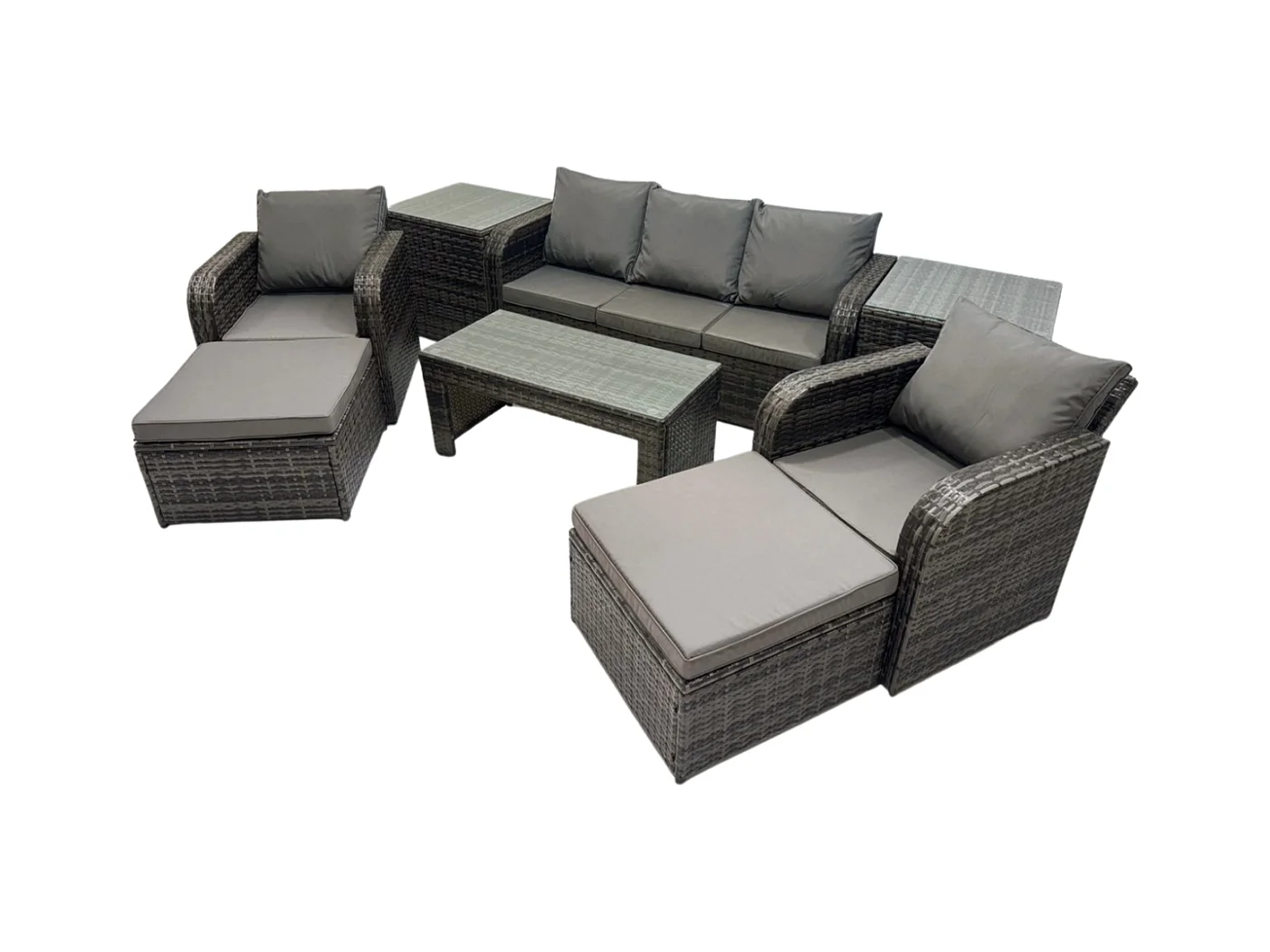 Polyrattan Gartenmöbel Set mit Rechteckiger Couchtisch 2 Beistelltischen 2 hohen Hockern 7-Sitzer Polyrattan Garten Sofa im Freien Set
