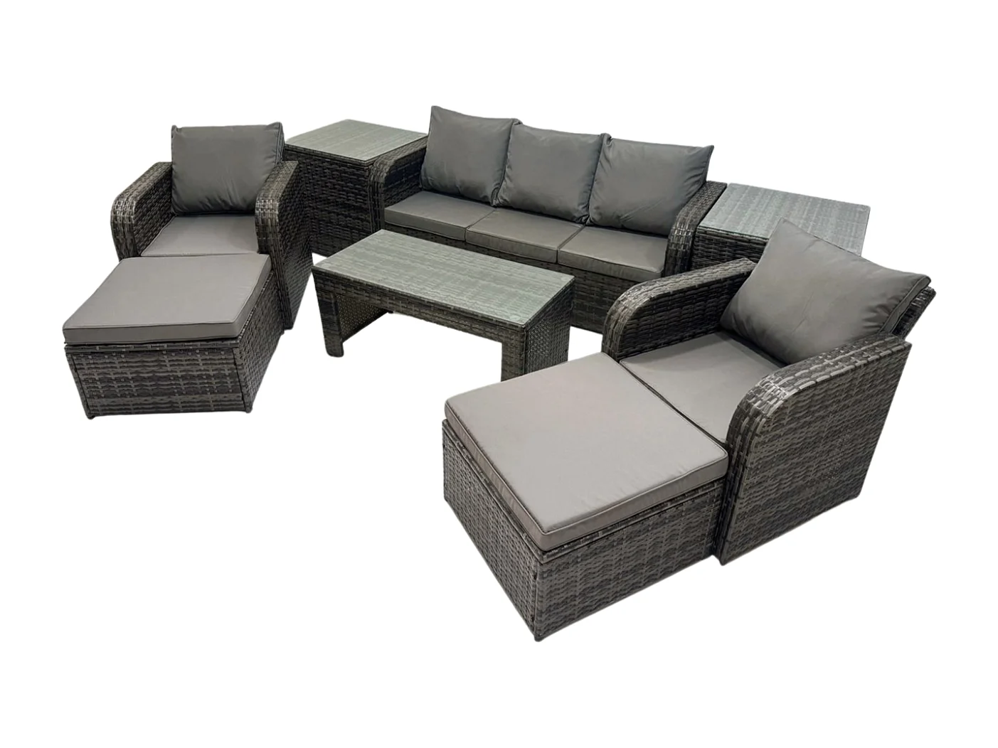 Polyrattan Gartenmöbel Set mit Rechteckiger Couchtisch 2 Beistelltischen 2 hohen Hockern 7-Sitzer Polyrattan Garten Sofa im Freien Set