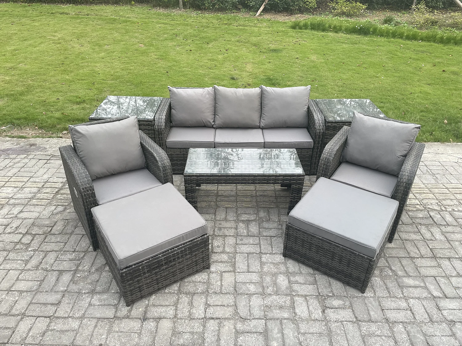Polyrattan Gartenmöbel Set mit Rechteckiger Couchtisch 2 Beistelltischen 2 hohen Hockern 7-Sitzer Polyrattan Garten Sofa im Freien Set