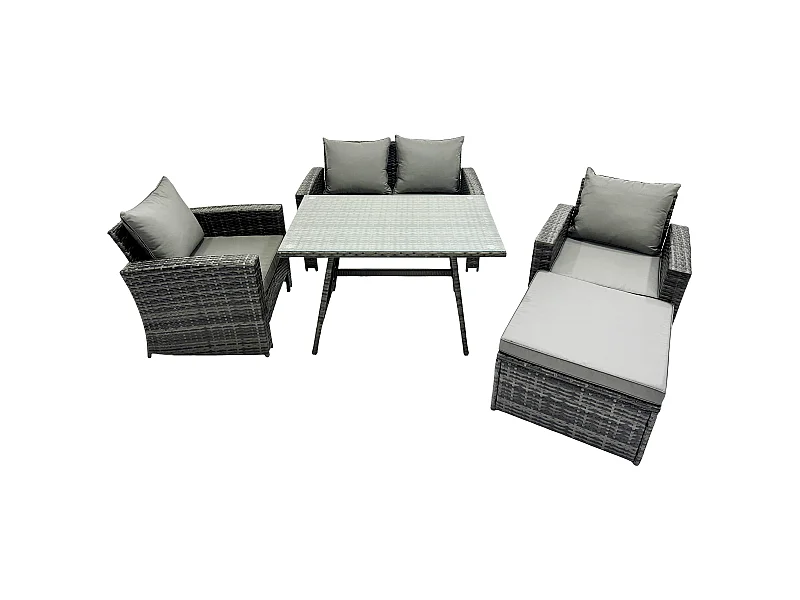 5-Sitzer Dunkelgrau Gemischt Hoher Rücken Rattan Sofa Esstisch Set Gartenmöbel Set mit 2 Großer Hockern