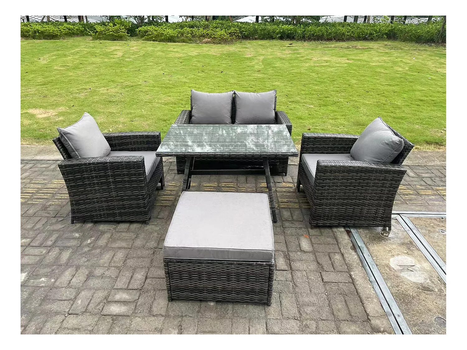 5 places Gris foncé mixte Dossier haut Meuble de Jardin Extérieur avec Grand tabouret Table à manger