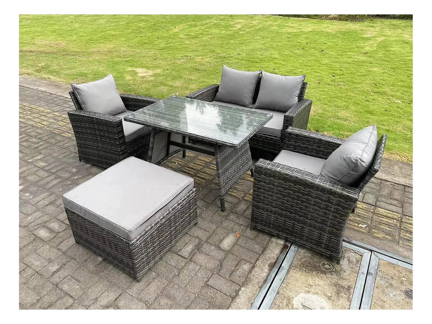 5 places Gris foncé mixte Dossier haut Meuble de Jardin Extérieur avec Grand tabouret Table à manger