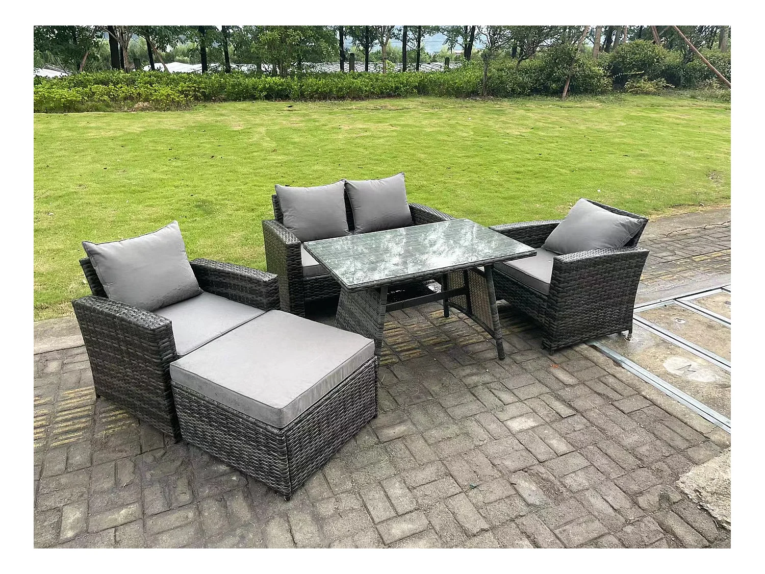 5 places Gris foncé mixte Dossier haut Meuble de Jardin Extérieur avec Grand tabouret Table à manger