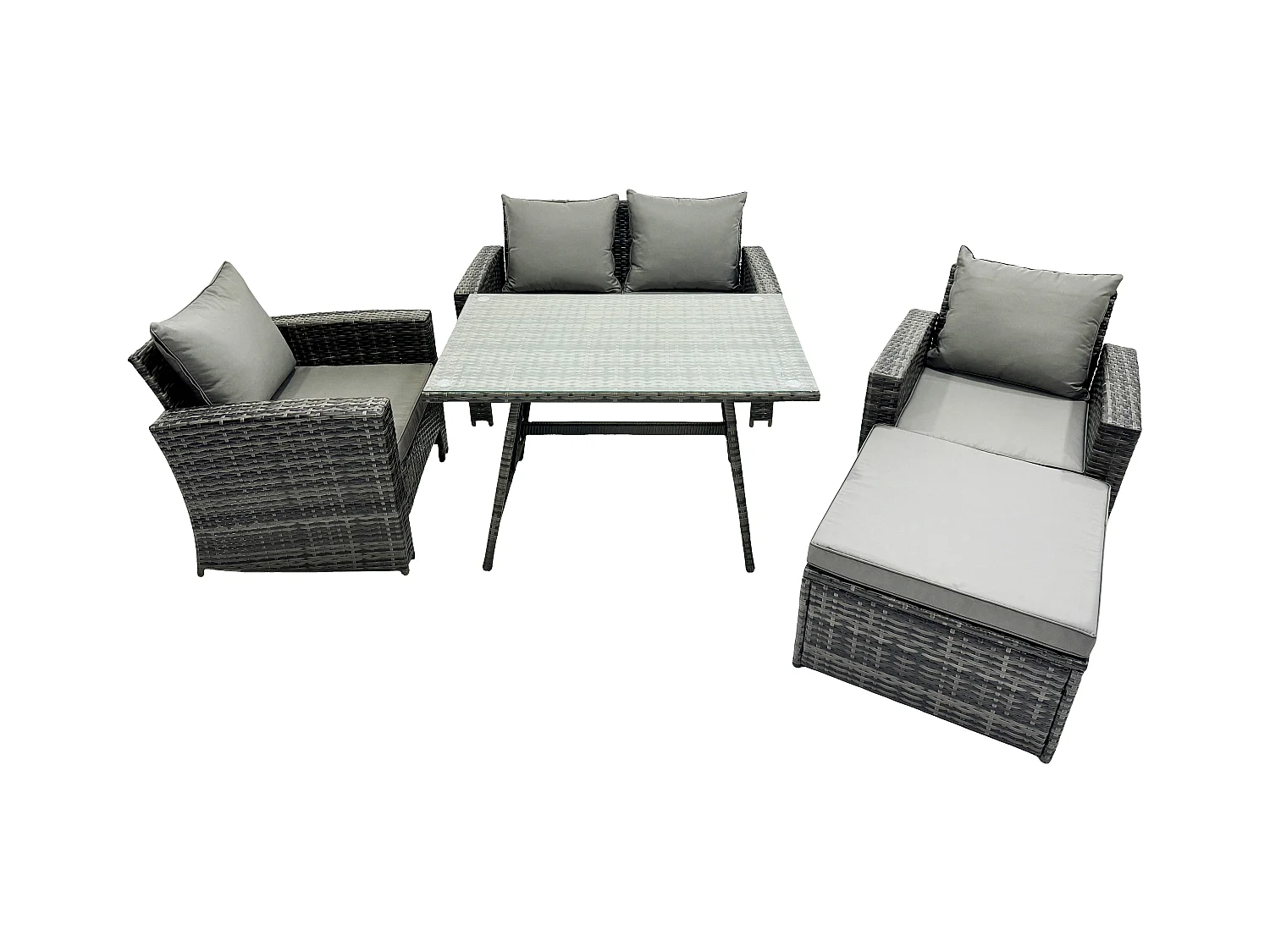5-Sitzer Dunkelgrau Gemischt Hoher Rücken Rattan Sofa Esstisch Set Gartenmöbel Set mit 2 Großer Hockern