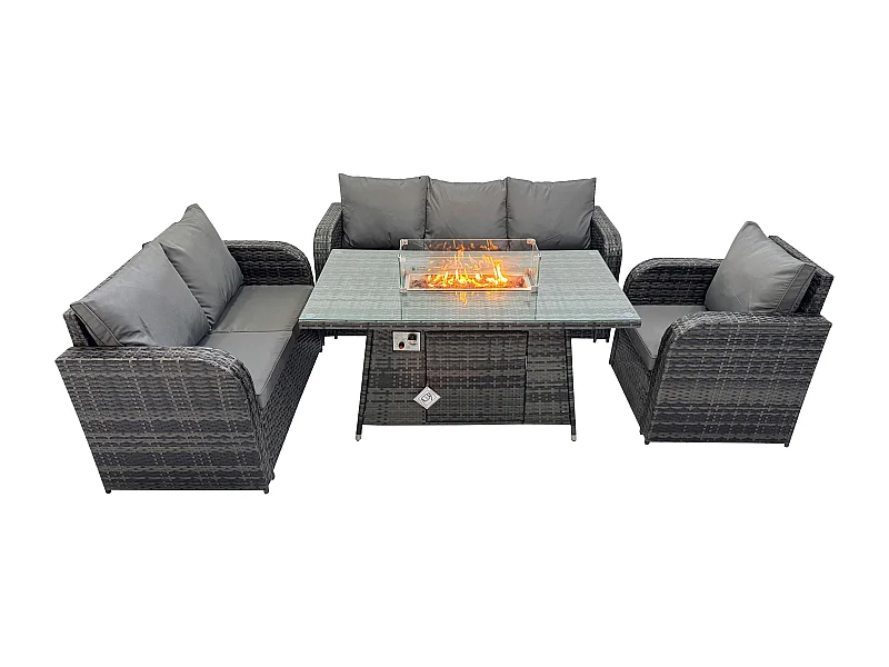 Polyrattan Gartenmöbel Set mit Gasfeuerstelle Esstisch 6-Sitzer Garten Sofa im Freien Set Dunkelgrau Gemischt