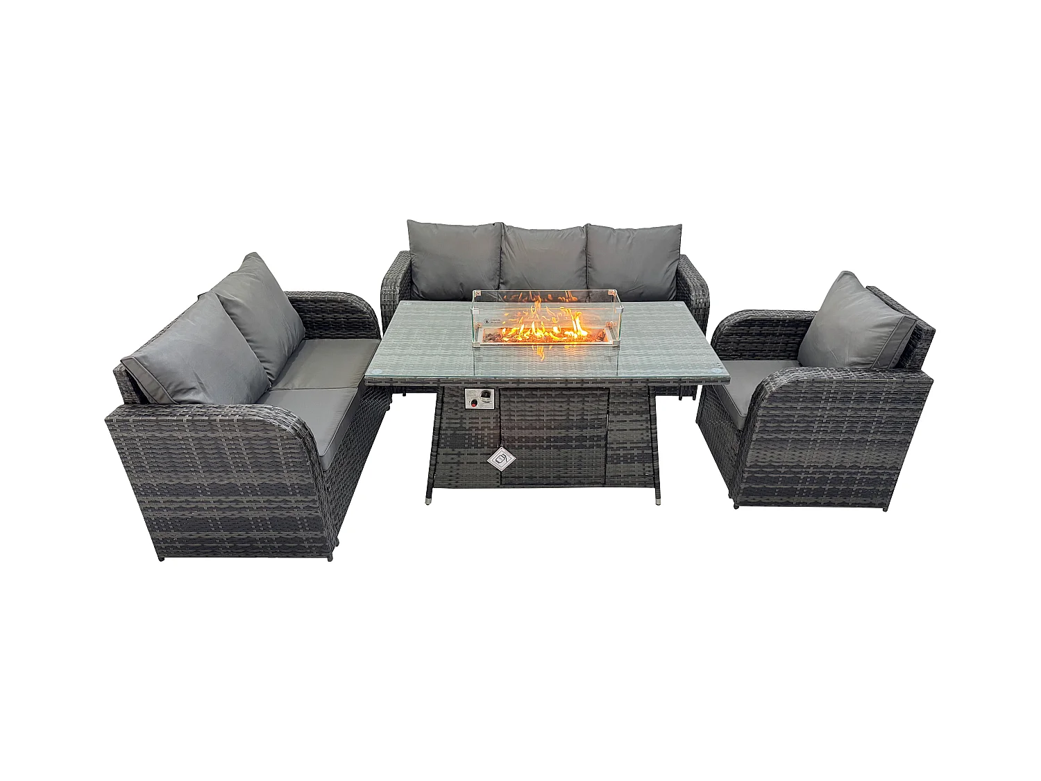 Polyrattan Gartenmöbel Set mit Gasfeuerstelle Esstisch 6-Sitzer Garten Sofa im Freien Set Dunkelgrau Gemischt