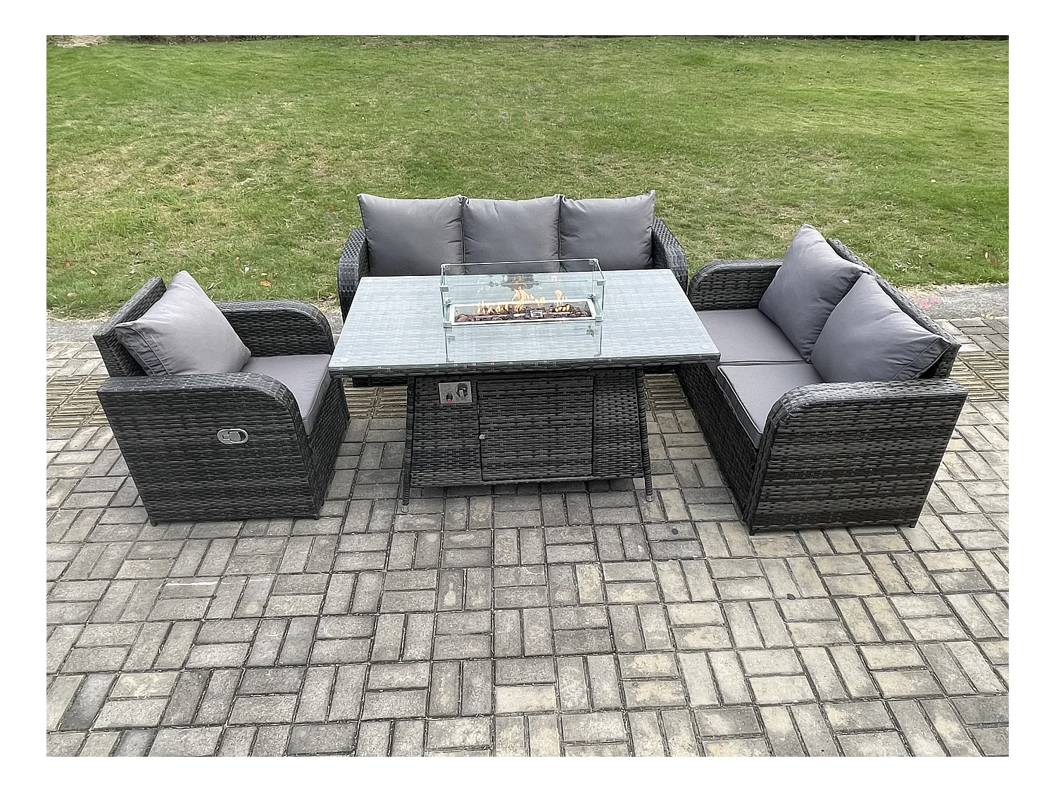 Polyrattan Gartenmöbel Set mit Gasfeuerstelle Esstisch 6-Sitzer Garten Sofa im Freien Set Dunkelgrau Gemischt