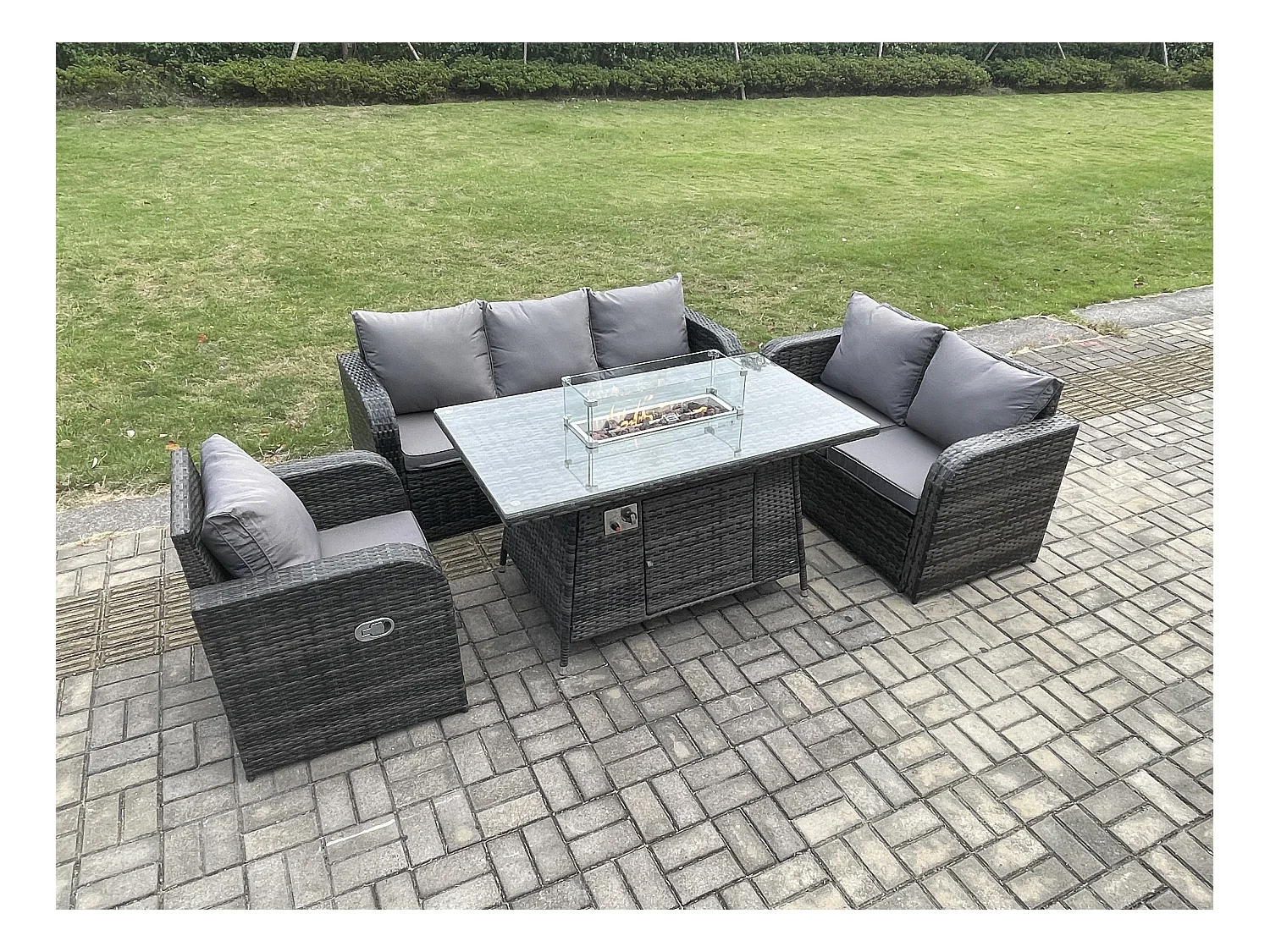 Polyrattan Gartenmöbel Set mit Gasfeuerstelle Esstisch 6-Sitzer Garten Sofa im Freien Set Dunkelgrau Gemischt