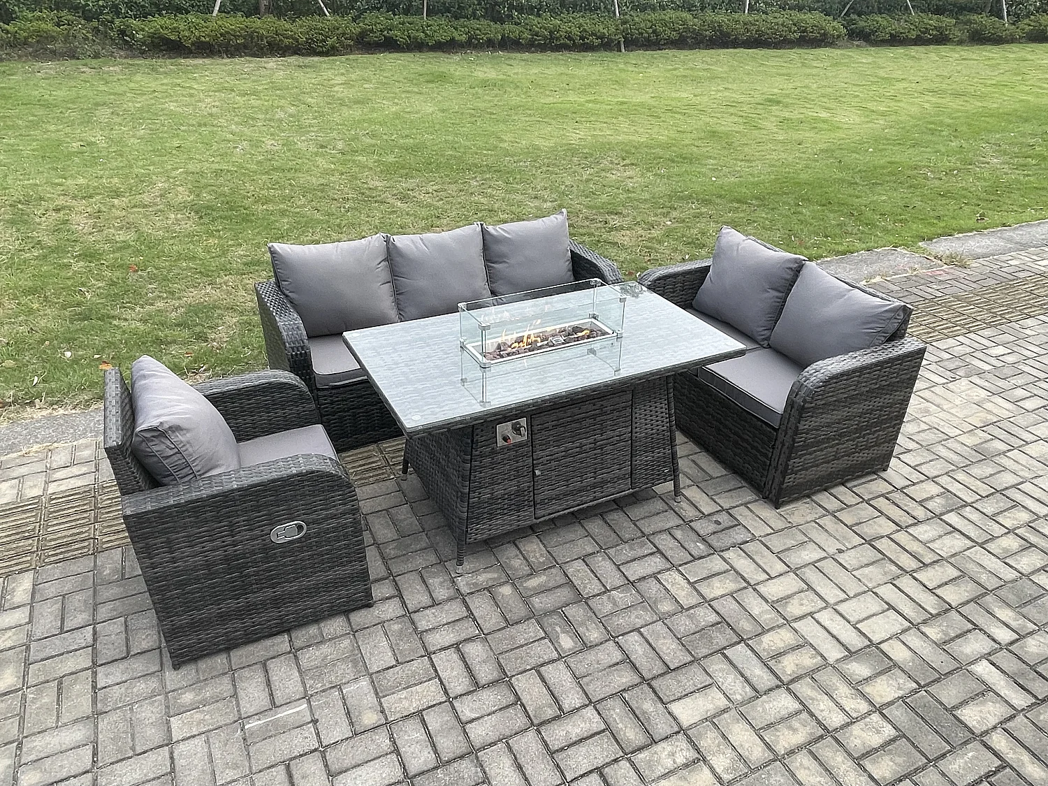 Salon de jardin avec Table de foyer à gaz 6 places Ensemble de canapés en rotin Gris foncé mixte