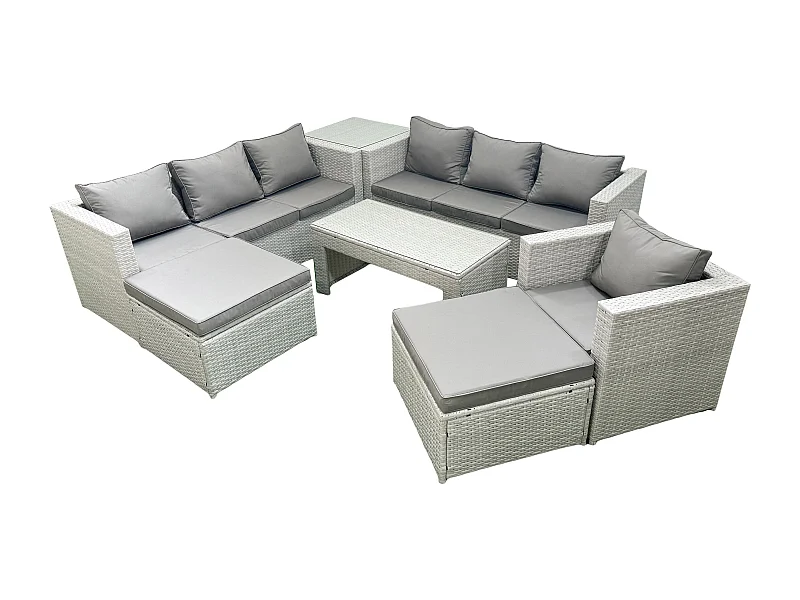 Meubles d'extérieur en rotin avec Table basse oblongue Fauteuil 2 Grand tabourets Table d'appoint Gris clair mixte