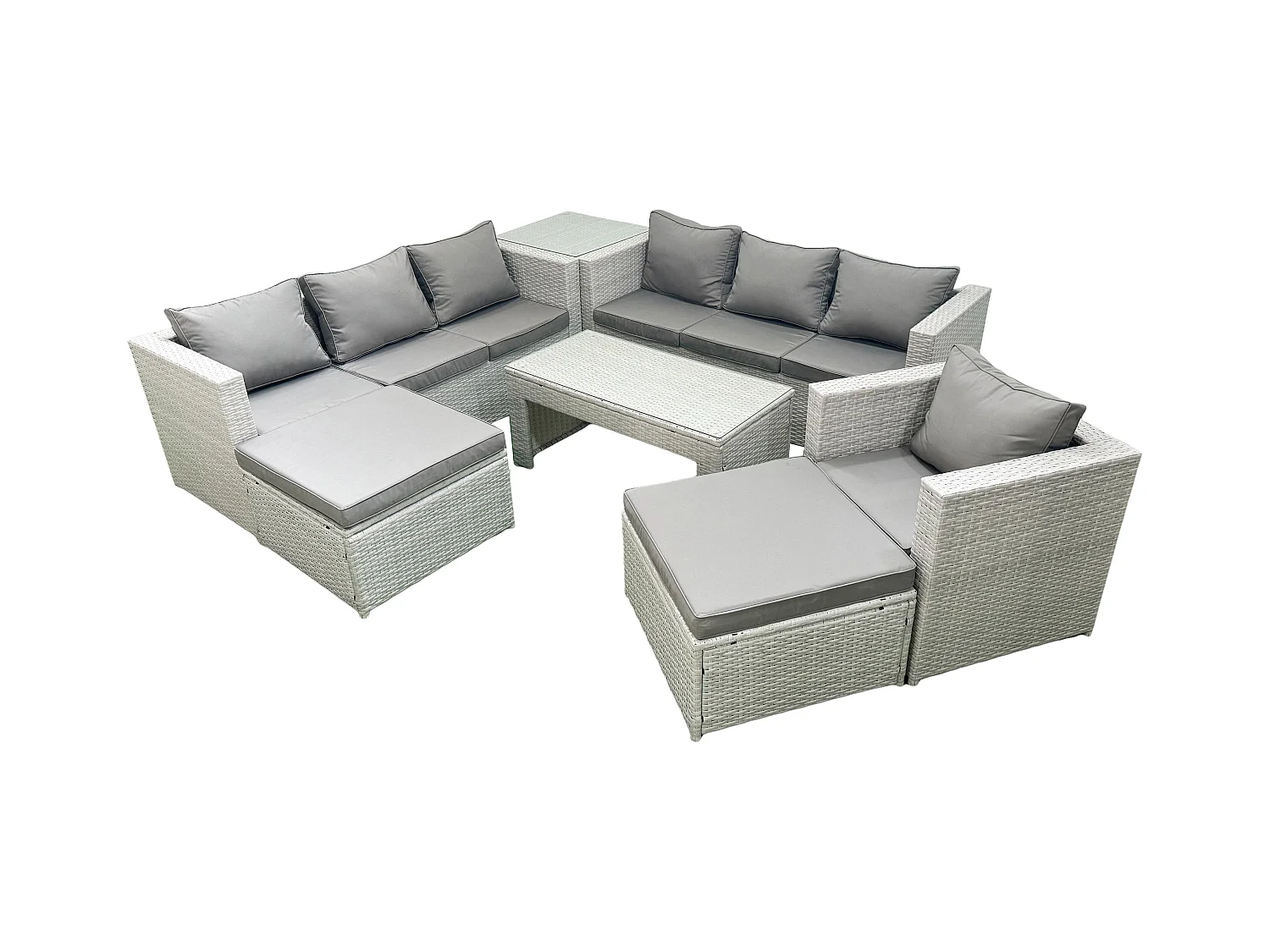 Meubles d'extérieur en rotin avec Table basse oblongue Fauteuil 2 Grand tabourets Table d'appoint Gris clair mixte