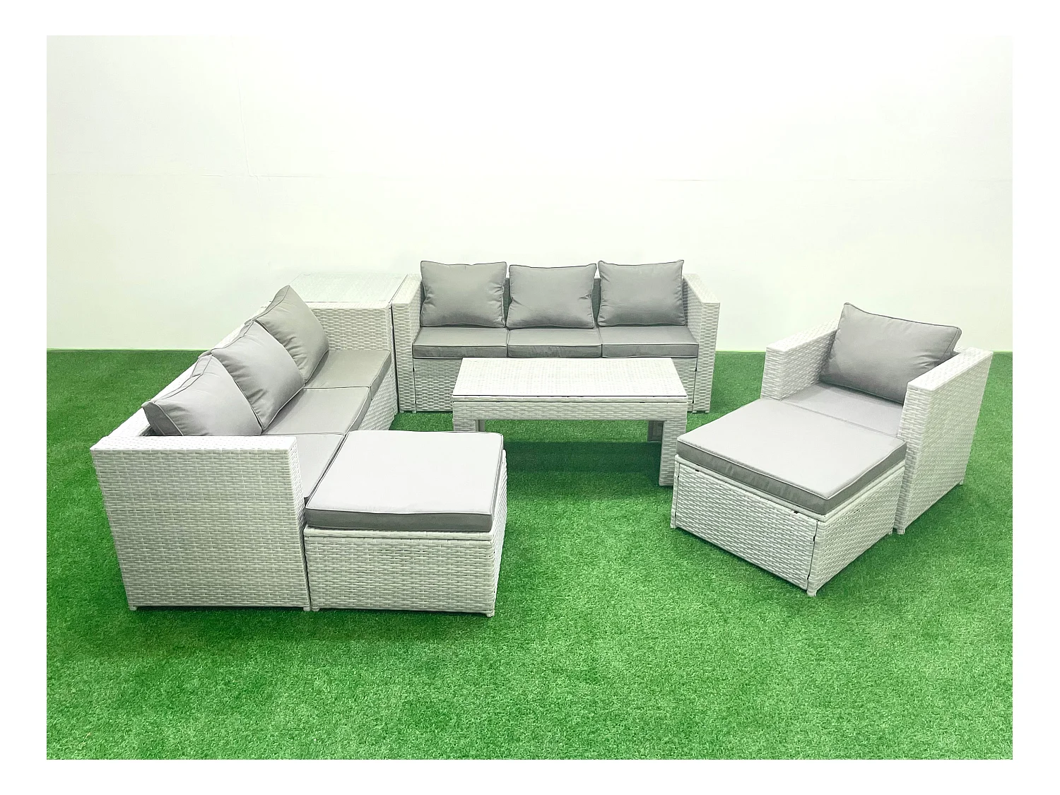 Meubles d'extérieur en rotin avec Table basse oblongue Fauteuil 2 Grand tabourets Table d'appoint Gris clair mixte