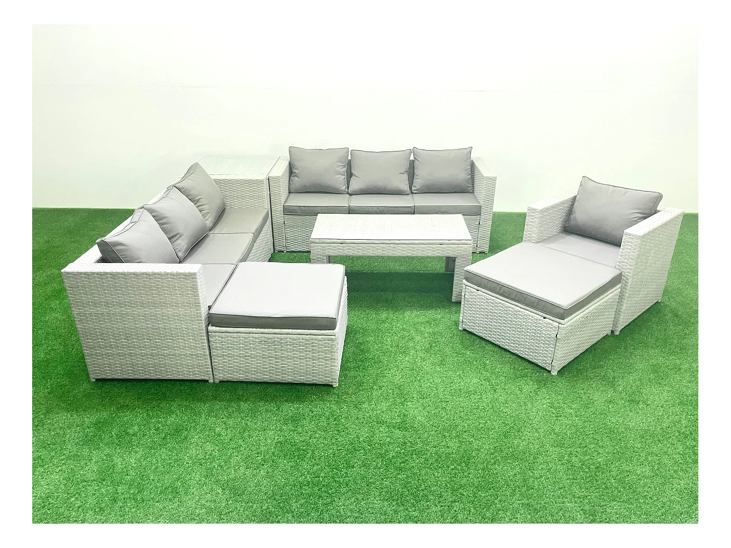 Meubles d'extérieur en rotin avec Table basse oblongue Fauteuil 2 Grand tabourets Table d'appoint Gris clair mixte