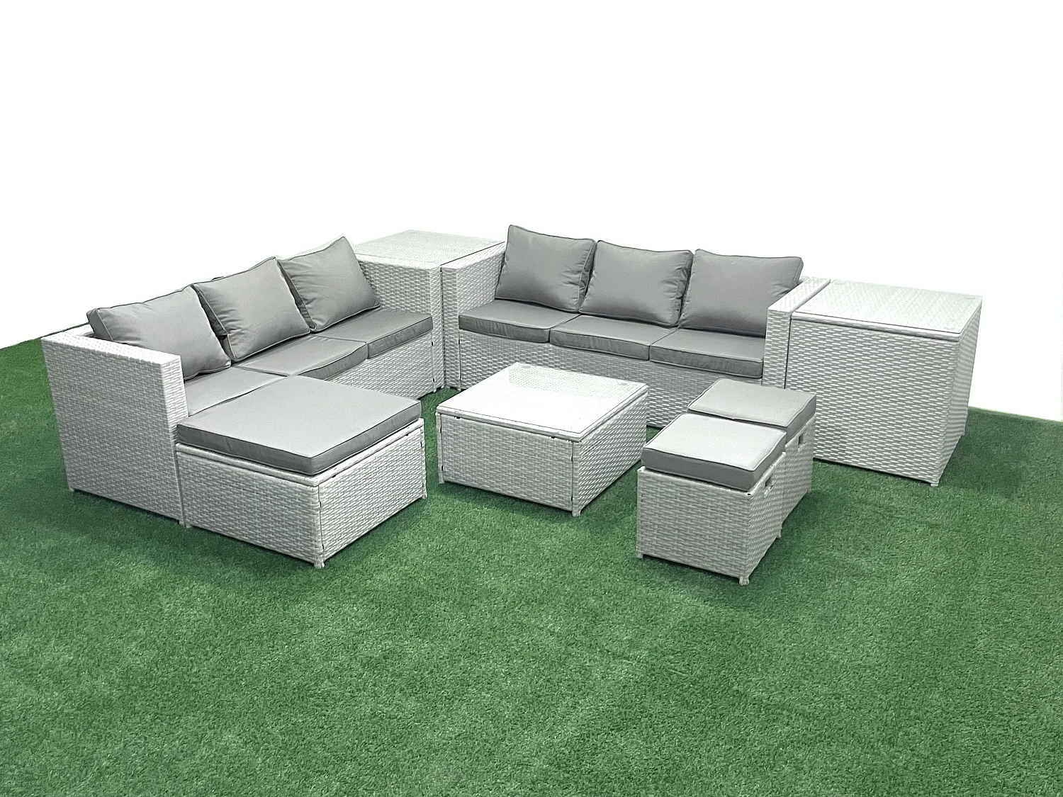 Gartenmöbel im Freien Polyrattan 9-Sitzer Rattan Garten Sofa Set mit 3 Hockern 2 Beistelltischen Hellgrau gemischt