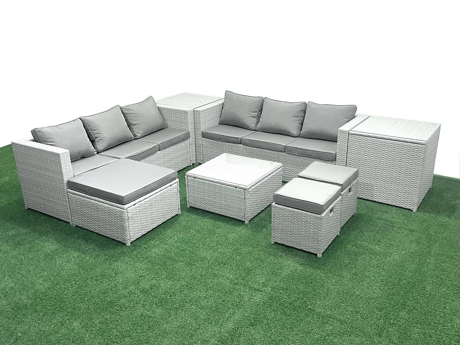 Gartenmöbel im Freien Polyrattan 9-Sitzer Rattan Garten Sofa Set mit 3 Hockern 2 Beistelltischen Hellgrau gemischt