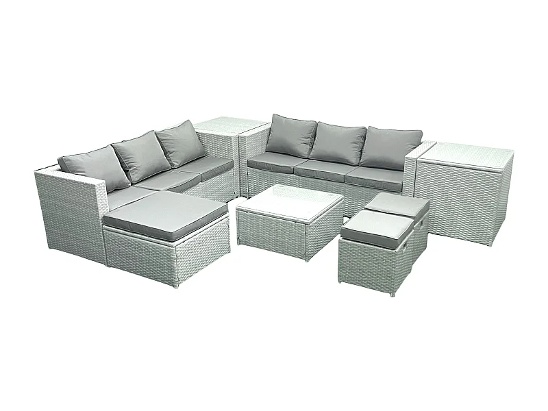 Gartenmöbel im Freien Polyrattan 9-Sitzer Rattan Garten Sofa Set mit 3 Hockern 2 Beistelltischen Hellgrau gemischt