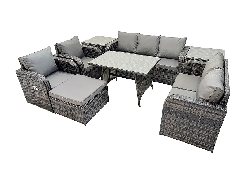 8-Sitzer Hoher Rücken Polyrattan Sofa Set Gartenmöbel Esstisch Set mit Liegestühle 3-Sitzer Sofa Love Sofa 2 Beistelltischen 2 Großer Hockern