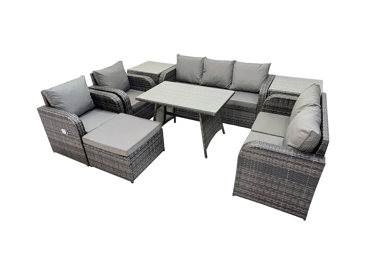 8-Sitzer Hoher Rücken Polyrattan Sofa Set Gartenmöbel Esstisch Set mit Liegestühle 3-Sitzer Sofa Love Sofa 2 Beistelltischen 2 Großer Hockern