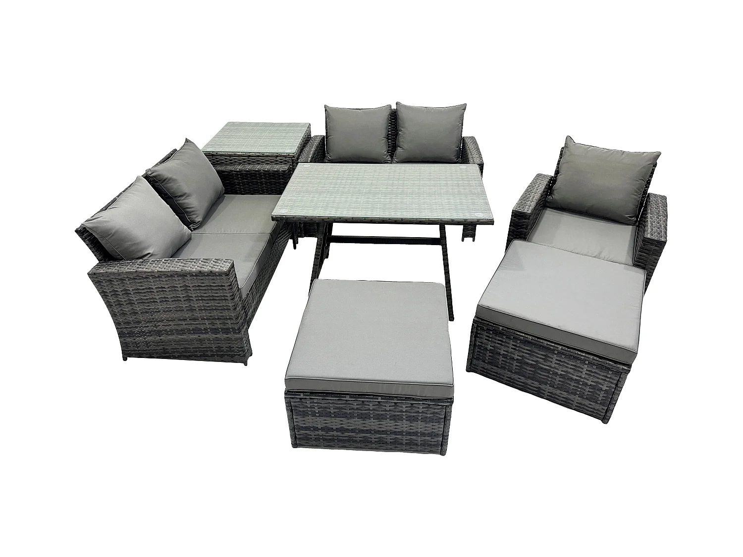 Garten Esstisch Set Polyrattan Outdoor Möbel Sofa mit Rechteckiger Esstisch Doppelsitz Sofa Beistelltisch 2 hohen Hockern Dunkelgrau Gemischt
