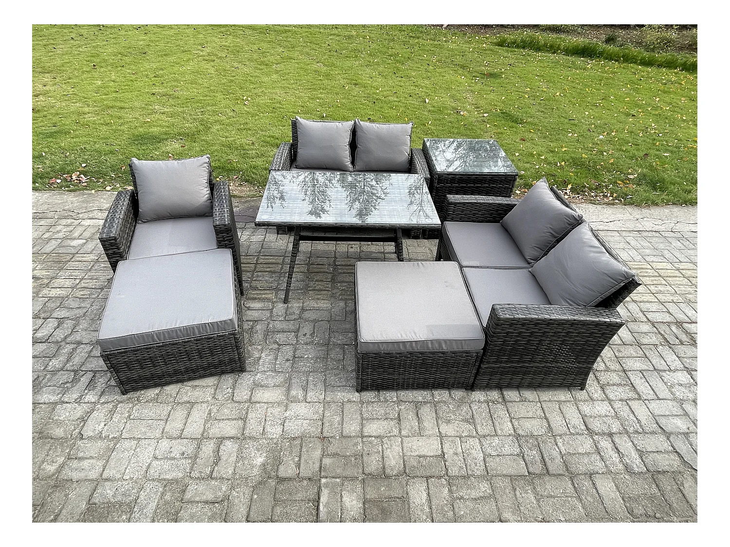 Garten Esstisch Set Polyrattan Outdoor Möbel Sofa mit Rechteckiger Esstisch Doppelsitz Sofa Beistelltisch 2 hohen Hockern Dunkelgrau Gemischt