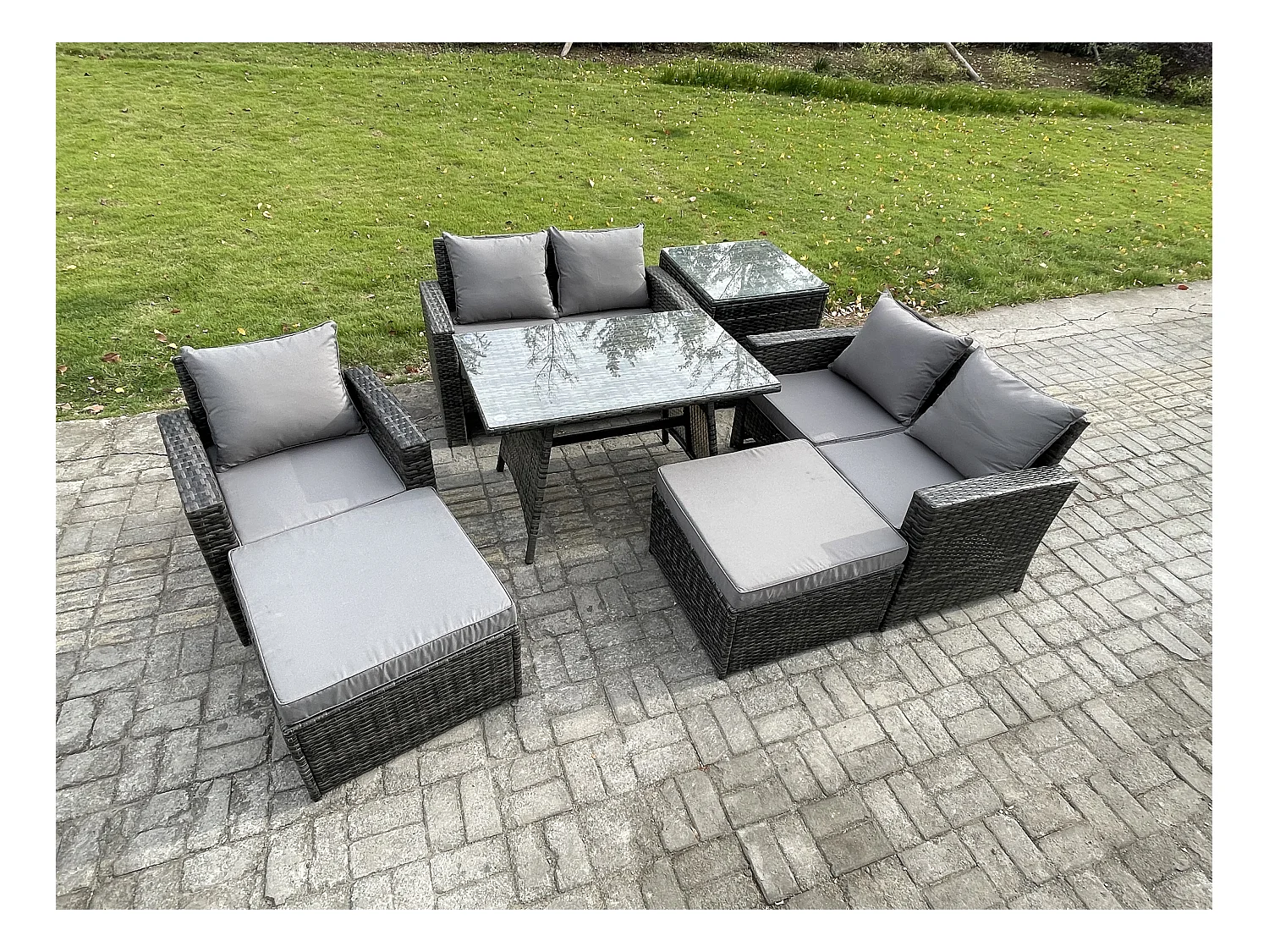Garten Esstisch Set Polyrattan Outdoor Möbel Sofa mit Rechteckiger Esstisch Doppelsitz Sofa Beistelltisch 2 hohen Hockern Dunkelgrau Gemischt