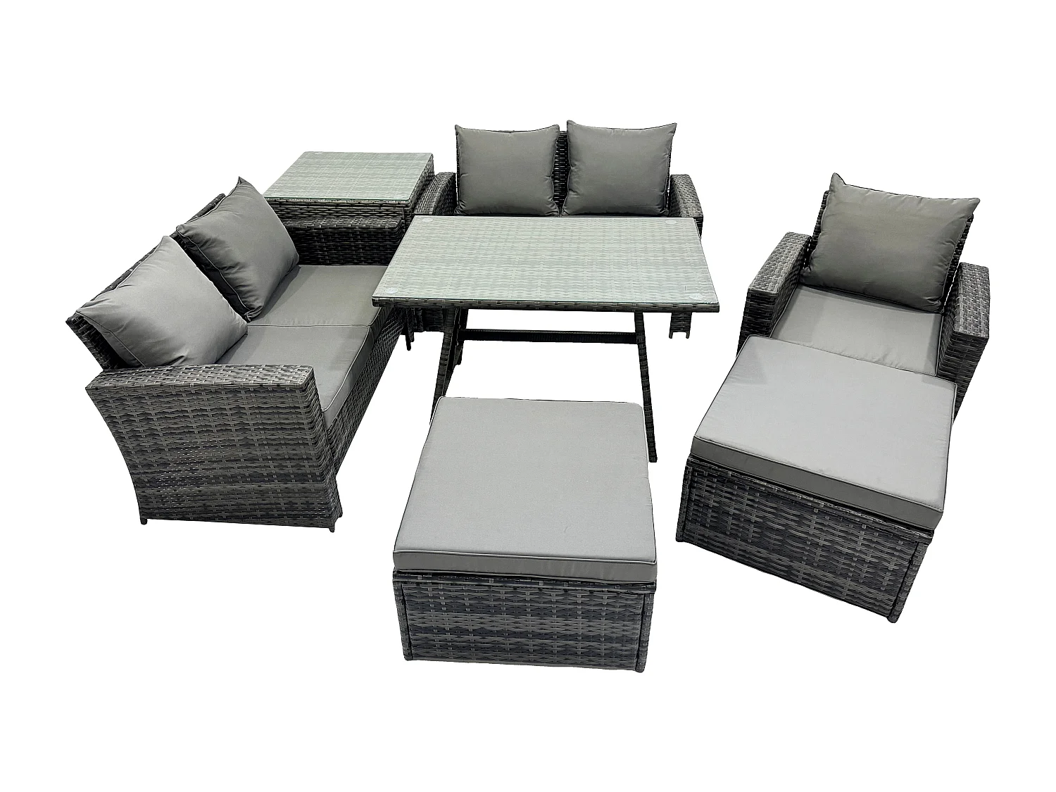 Garten Esstisch Set Polyrattan Outdoor Möbel Sofa mit Rechteckiger Esstisch Doppelsitz Sofa Beistelltisch 2 hohen Hockern Dunkelgrau Gemischt