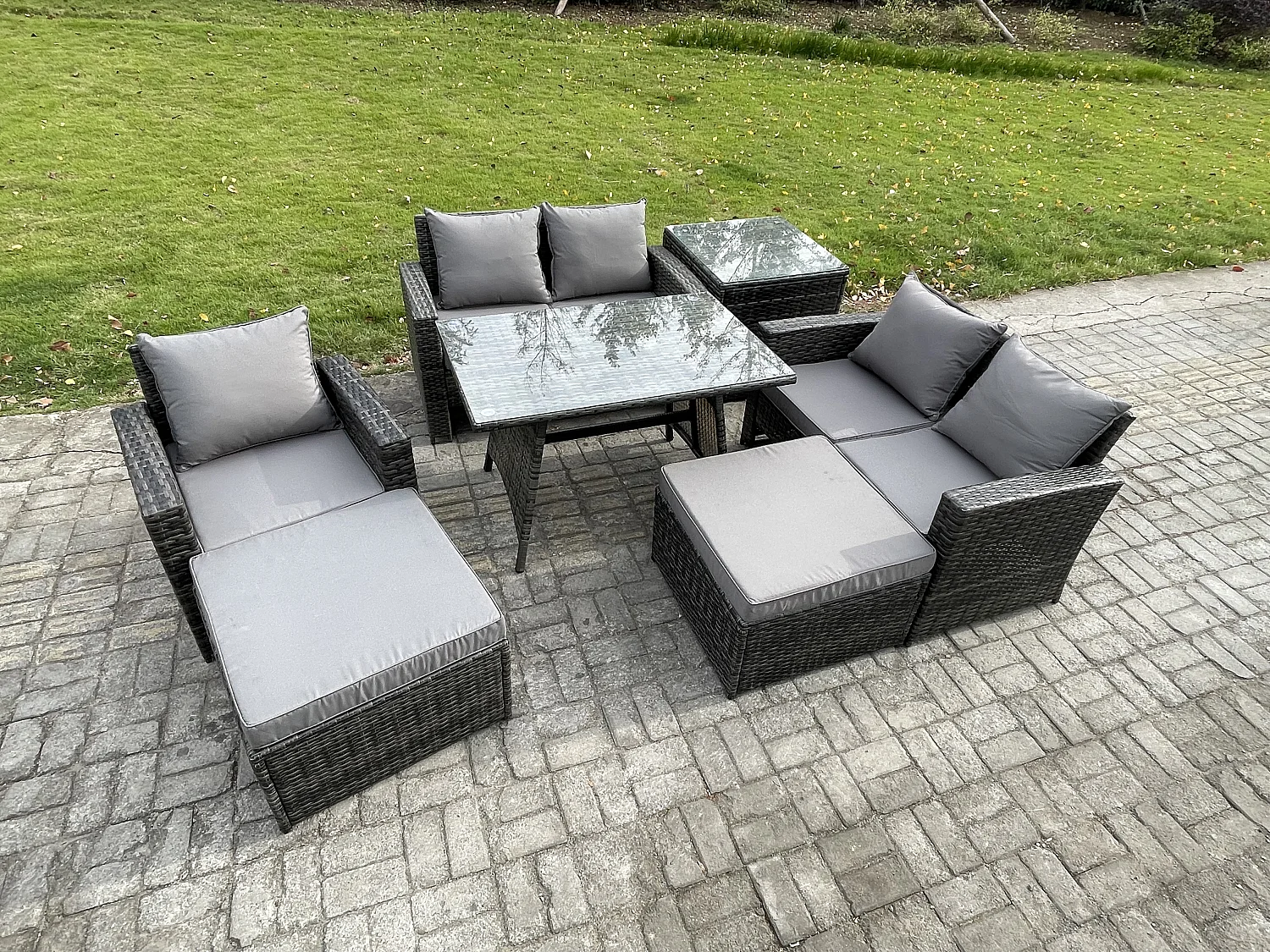 Garten Esstisch Set Polyrattan Outdoor Möbel Sofa mit Rechteckiger Esstisch Doppelsitz Sofa Beistelltisch 2 hohen Hockern Dunkelgrau Gemischt