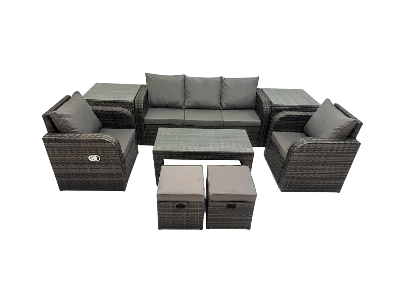 7-Sitzer Polyrattan Gartenmöbel Set mit Rechteckiger Couchtisch 2 Beistelltischen 2 kleine Fußhockern Polyrattan Garten Sofa im Freien Set