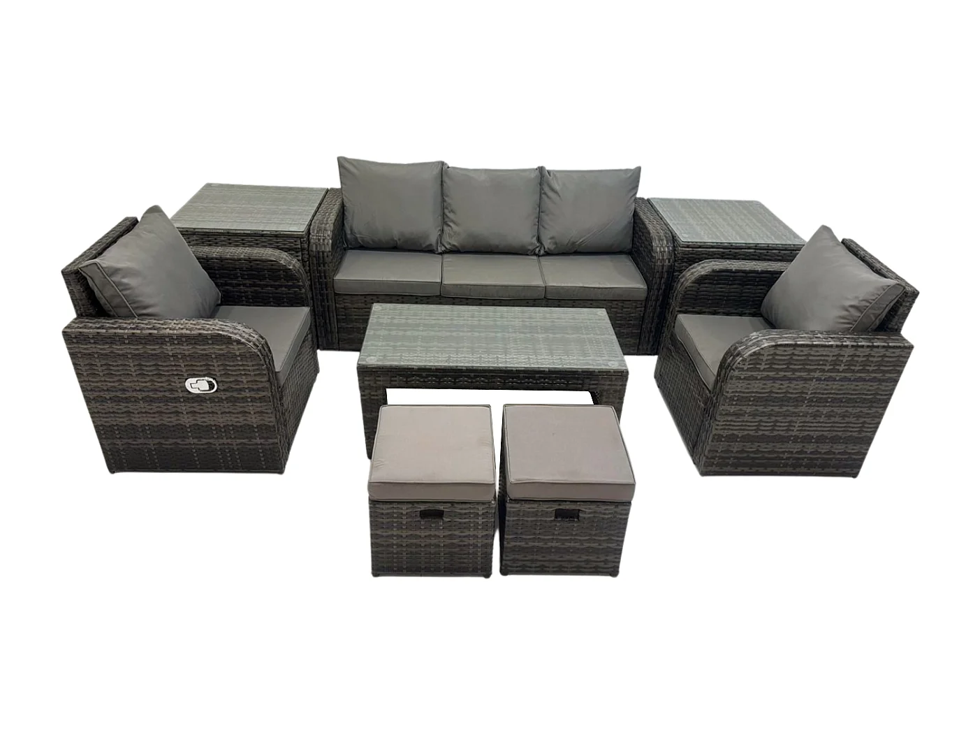7-Sitzer Polyrattan Gartenmöbel Set mit Rechteckiger Couchtisch 2 Beistelltischen 2 kleine Fußhockern Polyrattan Garten Sofa im Freien Set