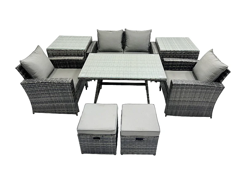 Ensemble de Meubles de Jardin avec Table à manger rectangulaire Fauteuil Canapé 2 places 2 Petits tabourets 2 Tables d'appoint