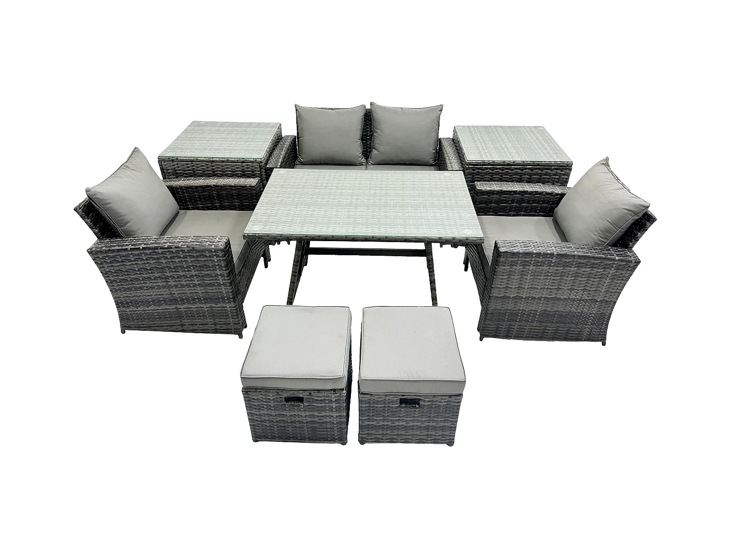 Hoher Rücken Rattan Gartenmöbel Sets mit Rechteckiger Esstisch Sessel 2-Sitzer Sofa 2 kleine Fußhockern 2 Beistelltischen