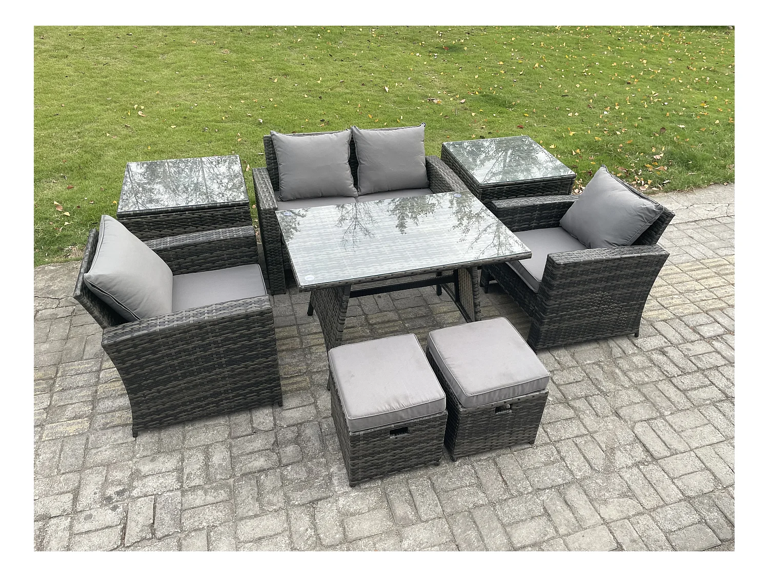 Hoher Rücken Rattan Gartenmöbel Sets mit Rechteckiger Esstisch Sessel 2-Sitzer Sofa 2 kleine Fußhockern 2 Beistelltischen