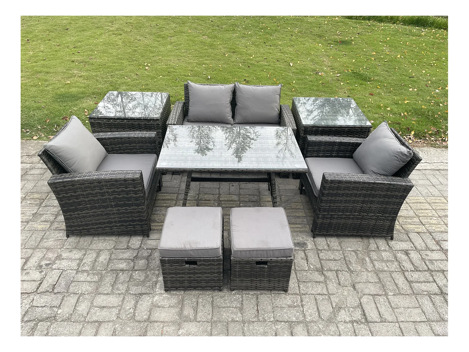 Hoher Rücken Rattan Gartenmöbel Sets mit Rechteckiger Esstisch Sessel 2-Sitzer Sofa 2 kleine Fußhockern 2 Beistelltischen