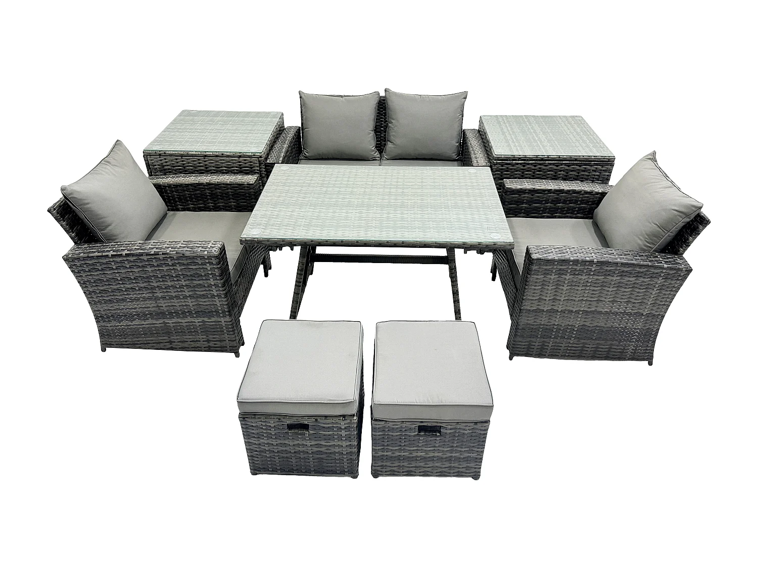 Hoher Rücken Rattan Gartenmöbel Sets mit Rechteckiger Esstisch Sessel 2-Sitzer Sofa 2 kleine Fußhockern 2 Beistelltischen