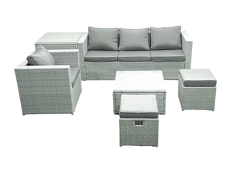 Salon de Jardin Exterieur en Résine 6 places avec Canapé 2 Petits tabourets Fauteuil Table d'appoint Gris clair mixte