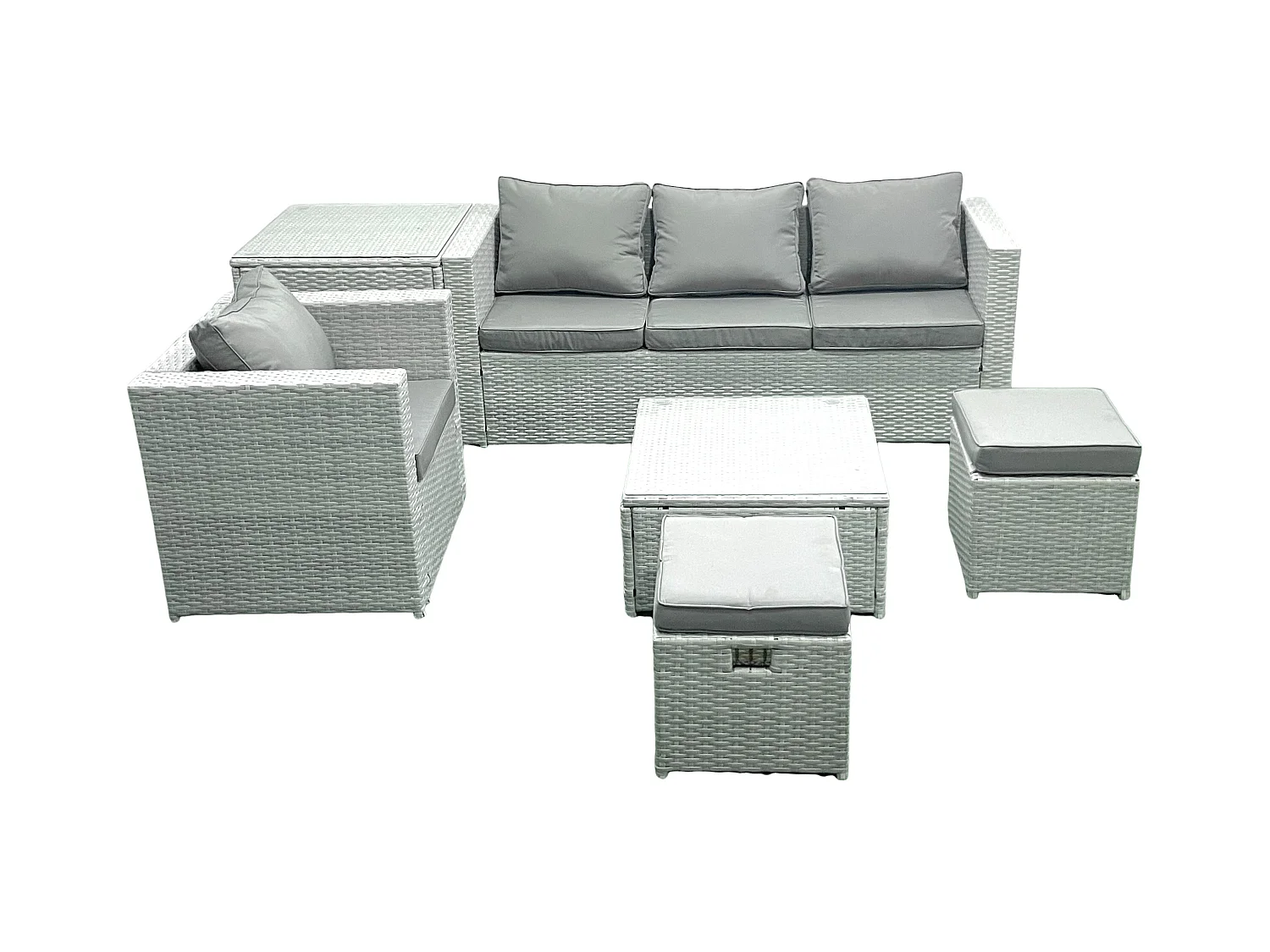 Salon de Jardin Exterieur en Résine 6 places avec Canapé 2 Petits tabourets Fauteuil Table d'appoint Gris clair mixte