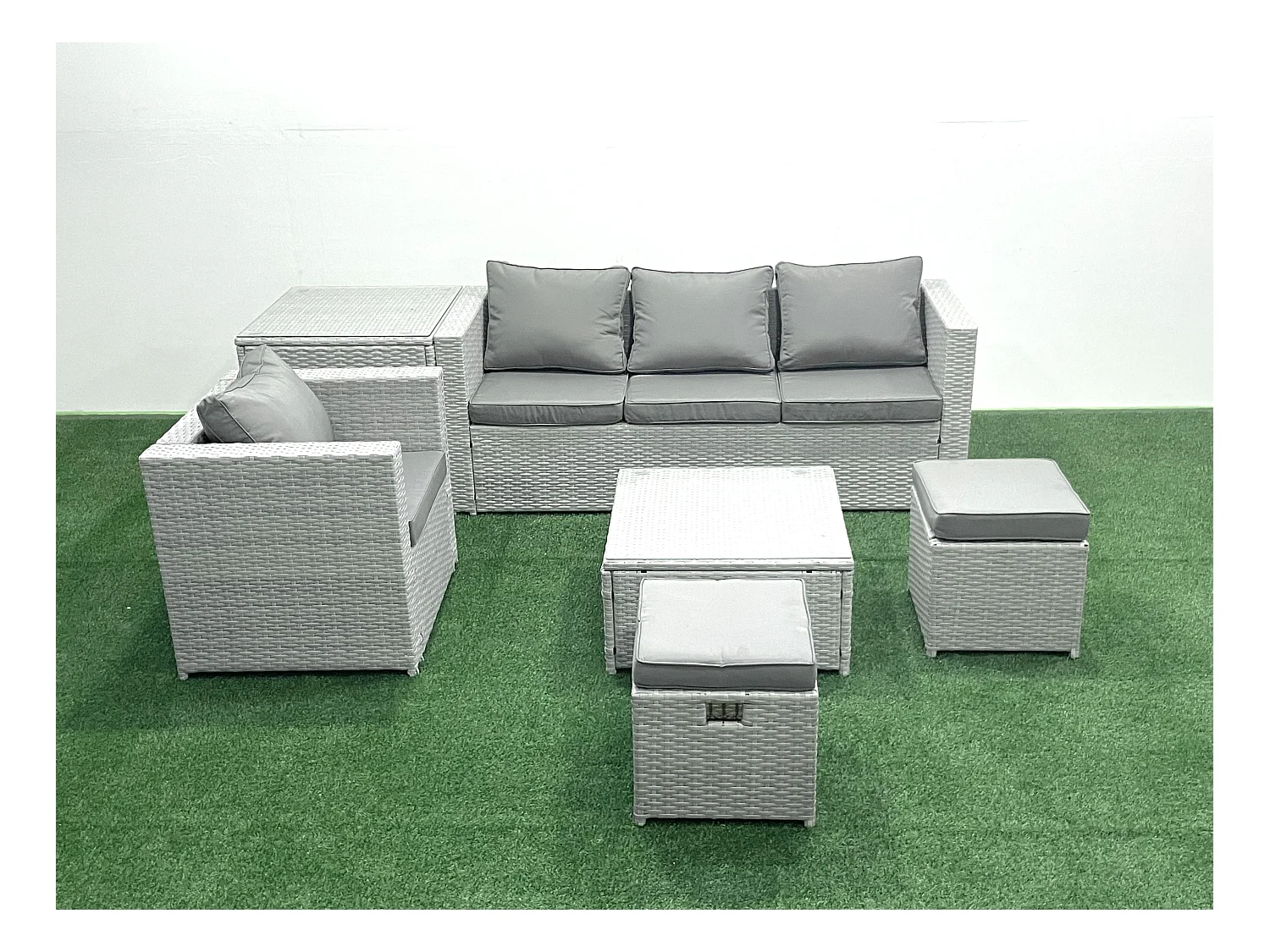 Salon de Jardin Exterieur en Résine 6 places avec Canapé 2 Petits tabourets Fauteuil Table d'appoint Gris clair mixte