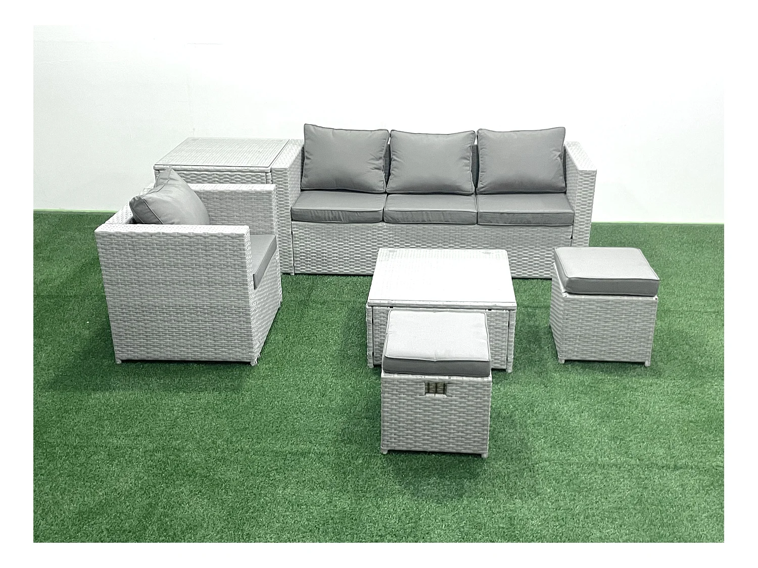 Salon de Jardin Exterieur en Résine 6 places avec Canapé 2 Petits tabourets Fauteuil Table d'appoint Gris clair mixte