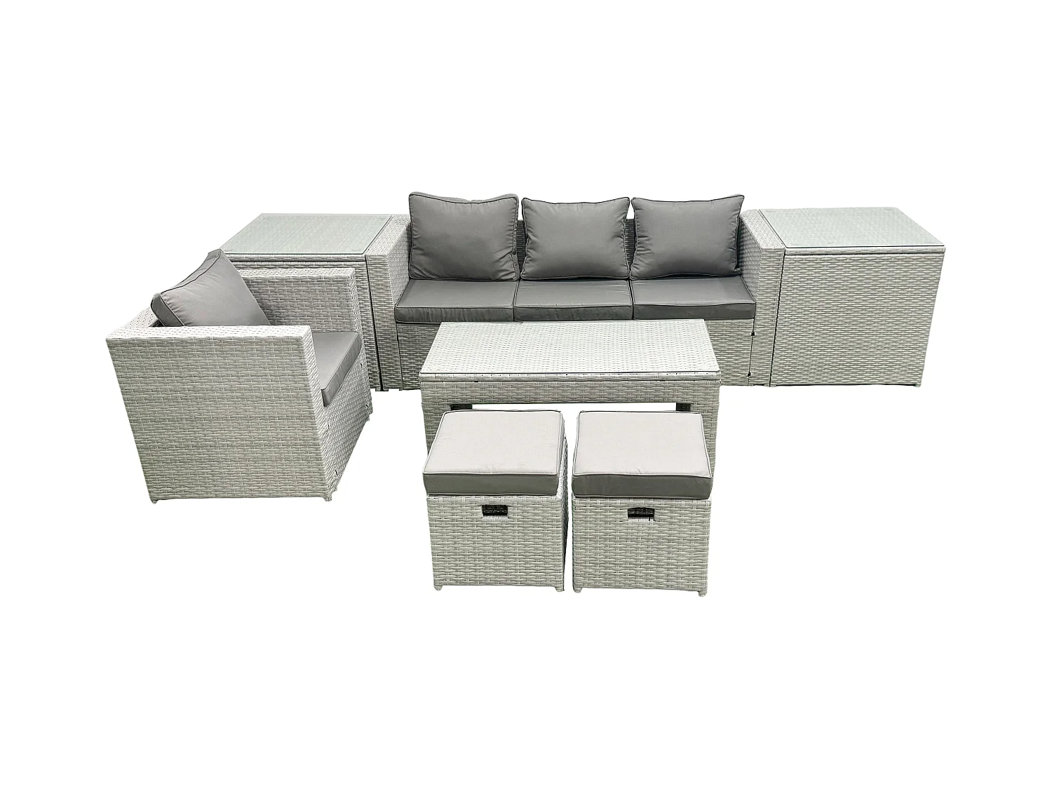 Salon de Jardin Ensemble Ensemble de canapés en rotin avec Table basse 2 Petits tabourets 2 Tables d'appoint Gris clair mixte