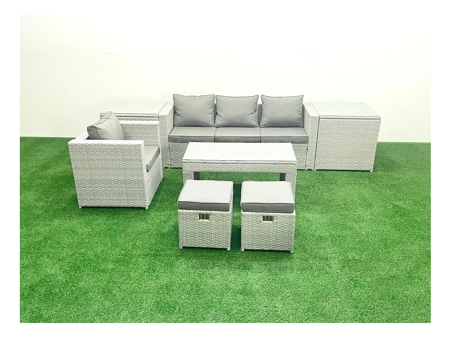 Salon de Jardin Ensemble Ensemble de canapés en rotin avec Table basse 2 Petits tabourets 2 Tables d'appoint Gris clair mixte