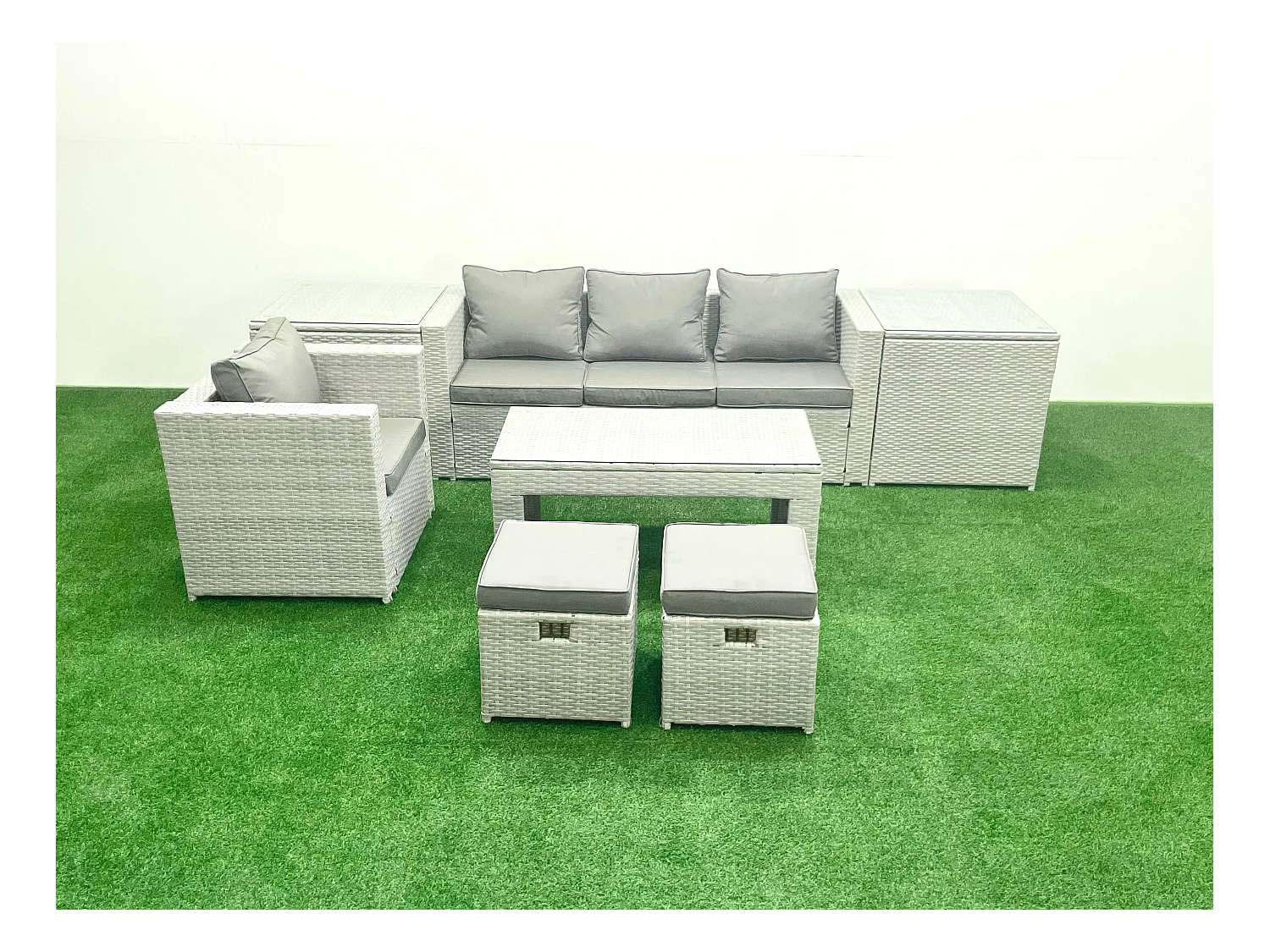 Salon de Jardin Ensemble Ensemble de canapés en rotin avec Table basse 2 Petits tabourets 2 Tables d'appoint Gris clair mixte