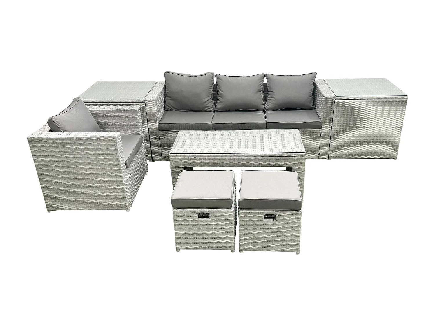 Salon de Jardin Ensemble Ensemble de canapés en rotin avec Table basse 2 Petits tabourets 2 Tables d'appoint Gris clair mixte