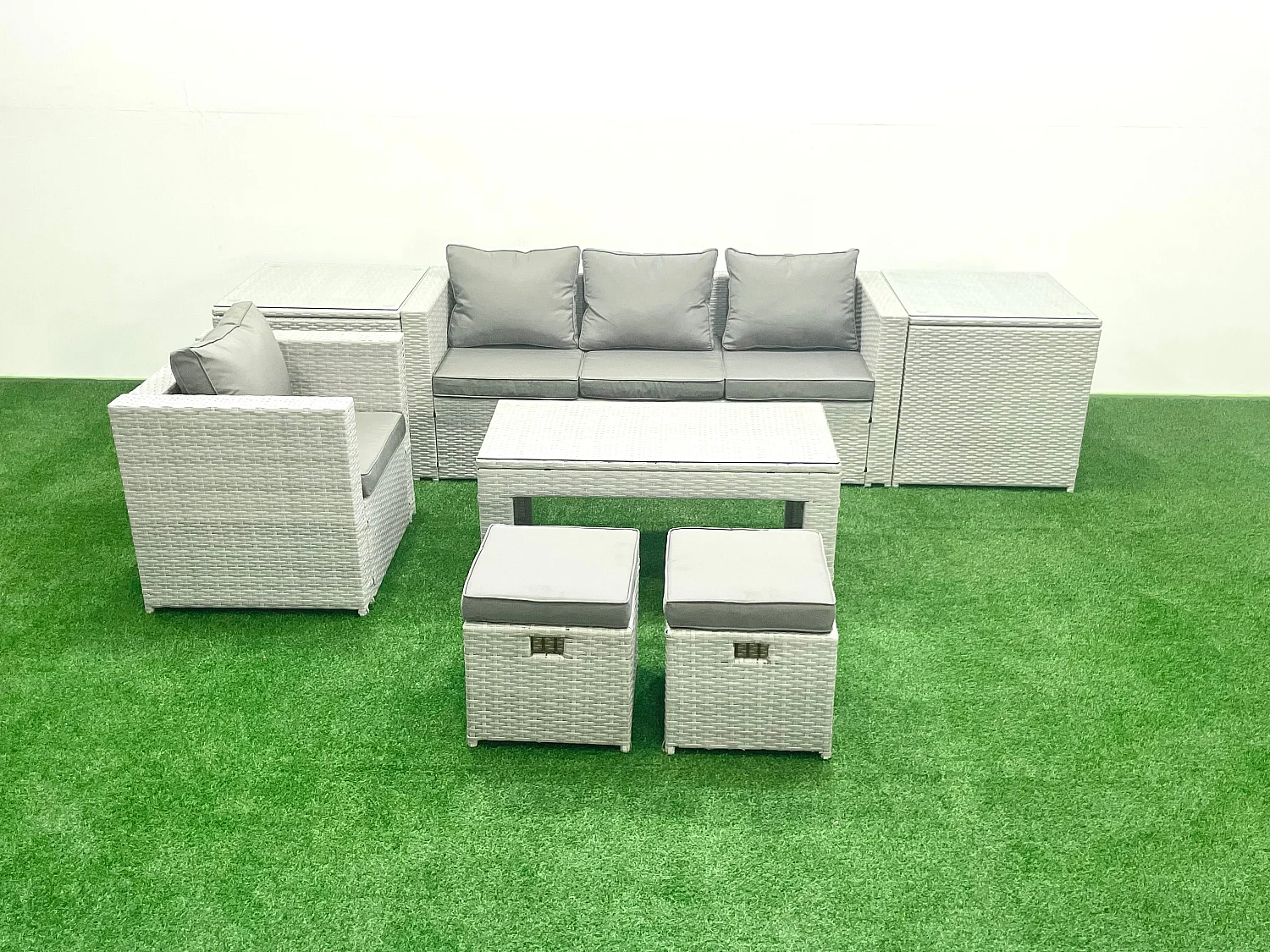 Salon de Jardin Ensemble Ensemble de canapés en rotin avec Table basse 2 Petits tabourets 2 Tables d'appoint Gris clair mixte